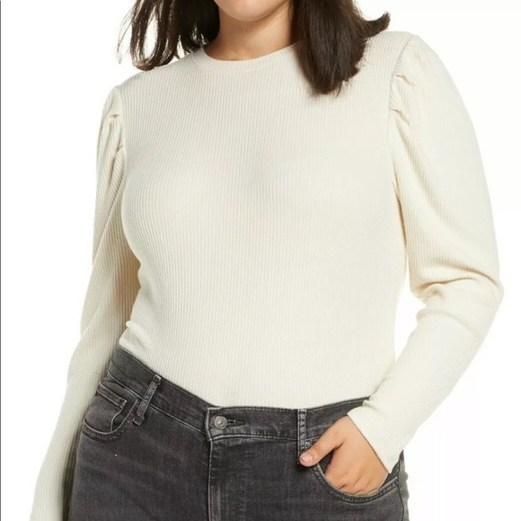 BP. Cozy Puff Sleeve Top.  Ivory.  Super soft textured ribbed long sleeve - Picture 2 of 11